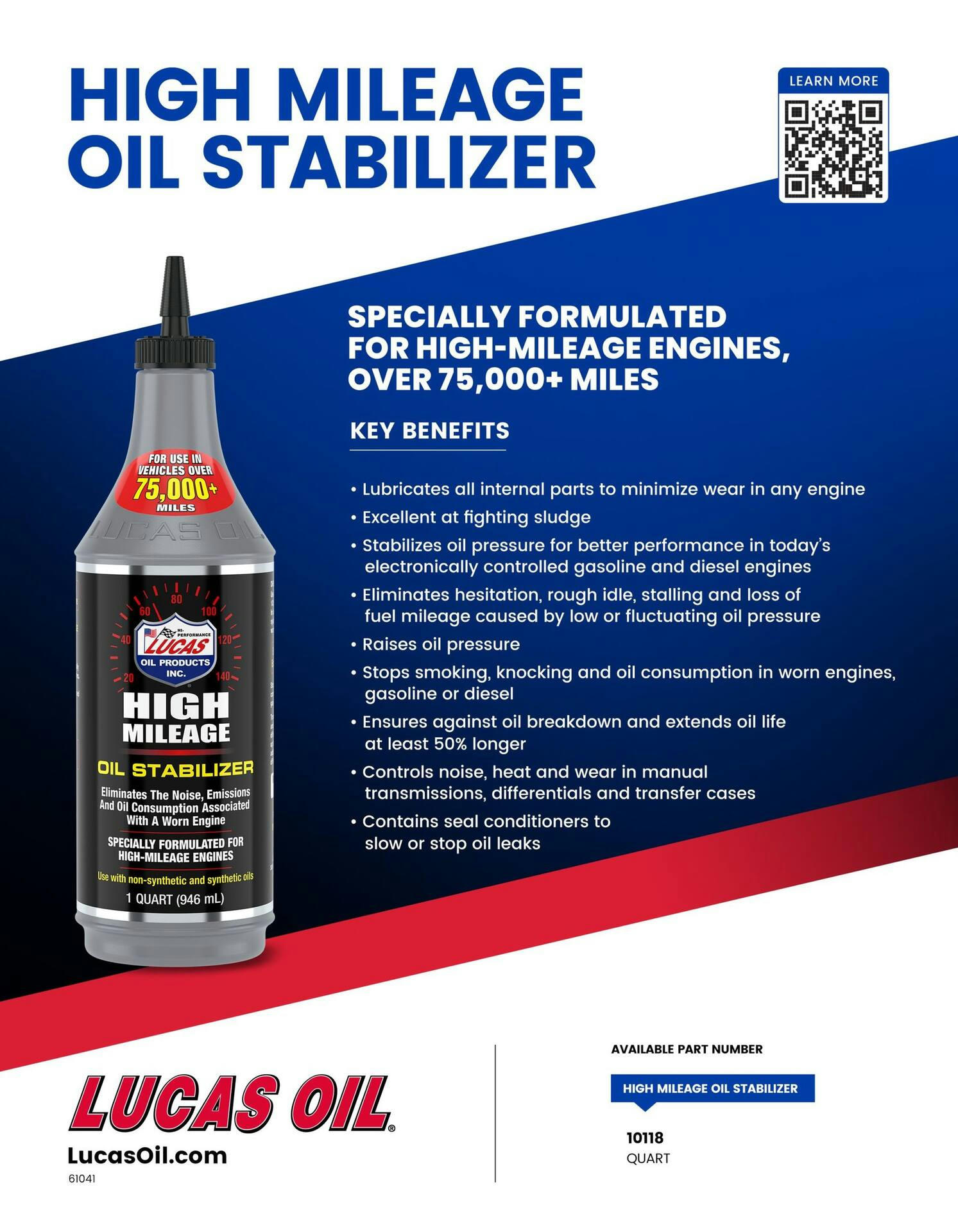 Lucas High Mileage Oil Stabilizer, 946-mL