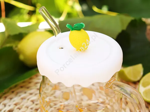 Kubek szklany z silikonową pokrywką i szklaną słomką 600 ml Altom Design - Cytryna 07.K.3516