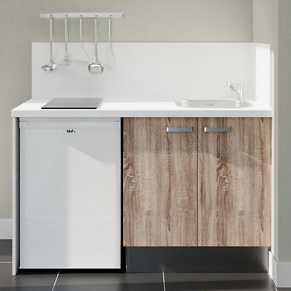 Kitchenette K17 façades Bois - Plan de travail Blanc - Crédences : Oui - Evier inox - Electroménager Blanc inclus