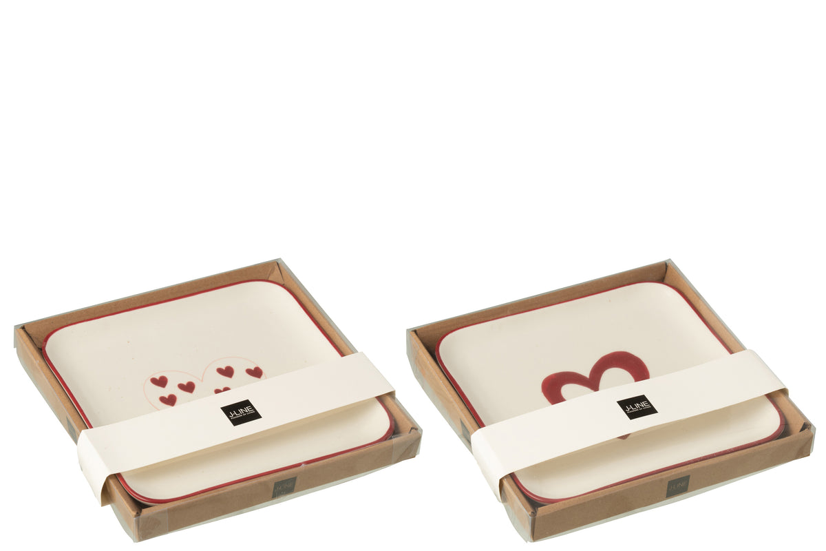 J-Line bord Harten - porselein - wit/rood - 2 stuks