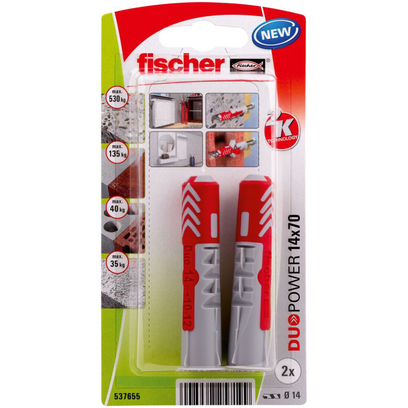 Cheville DuoPower en nylon avec collerette Ø 14 x 70 mm 2 pièces
