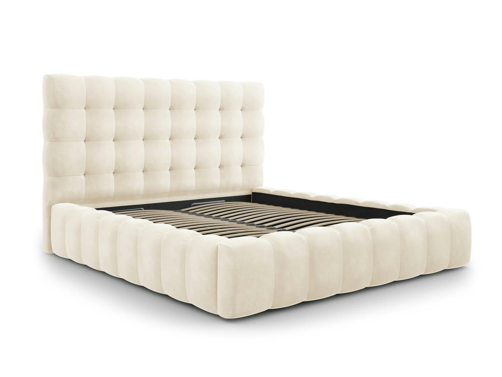MAMAIA - Lit coffre en avec tête de lit 180x200cm en tissu velours beige clair