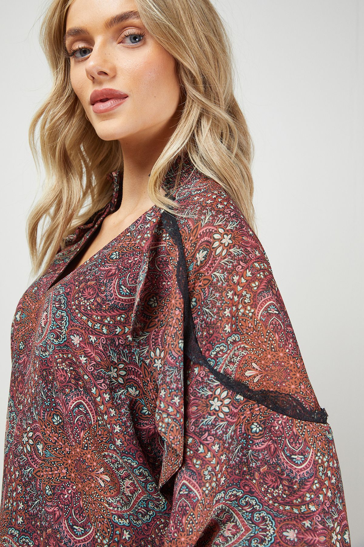 Oasis Cape Detail Trim Balloon Sleeve Boho Blouse