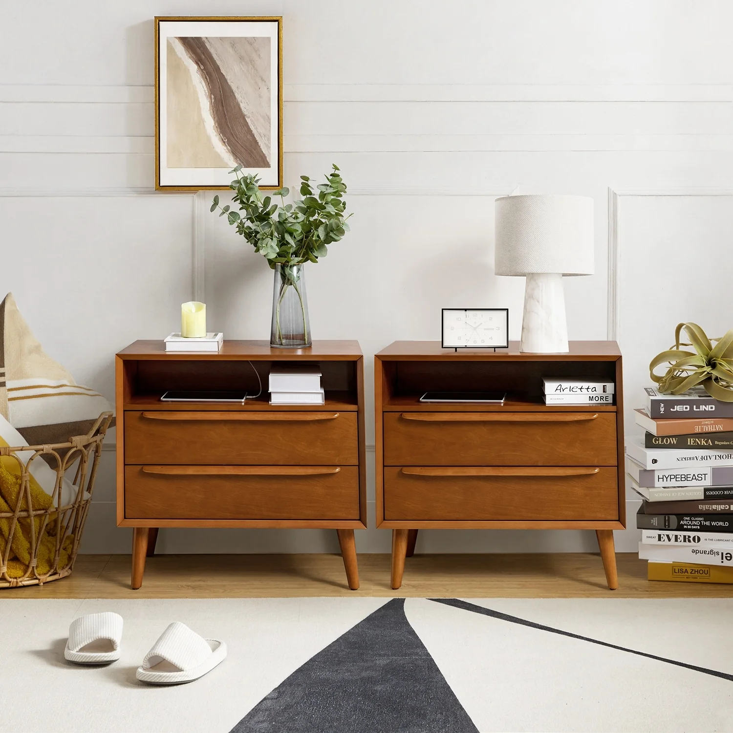 Kay Mid-century Modern 2 - Drawer Nightstand with Built-In Outlets and USB set of 2 by HULALA HOME