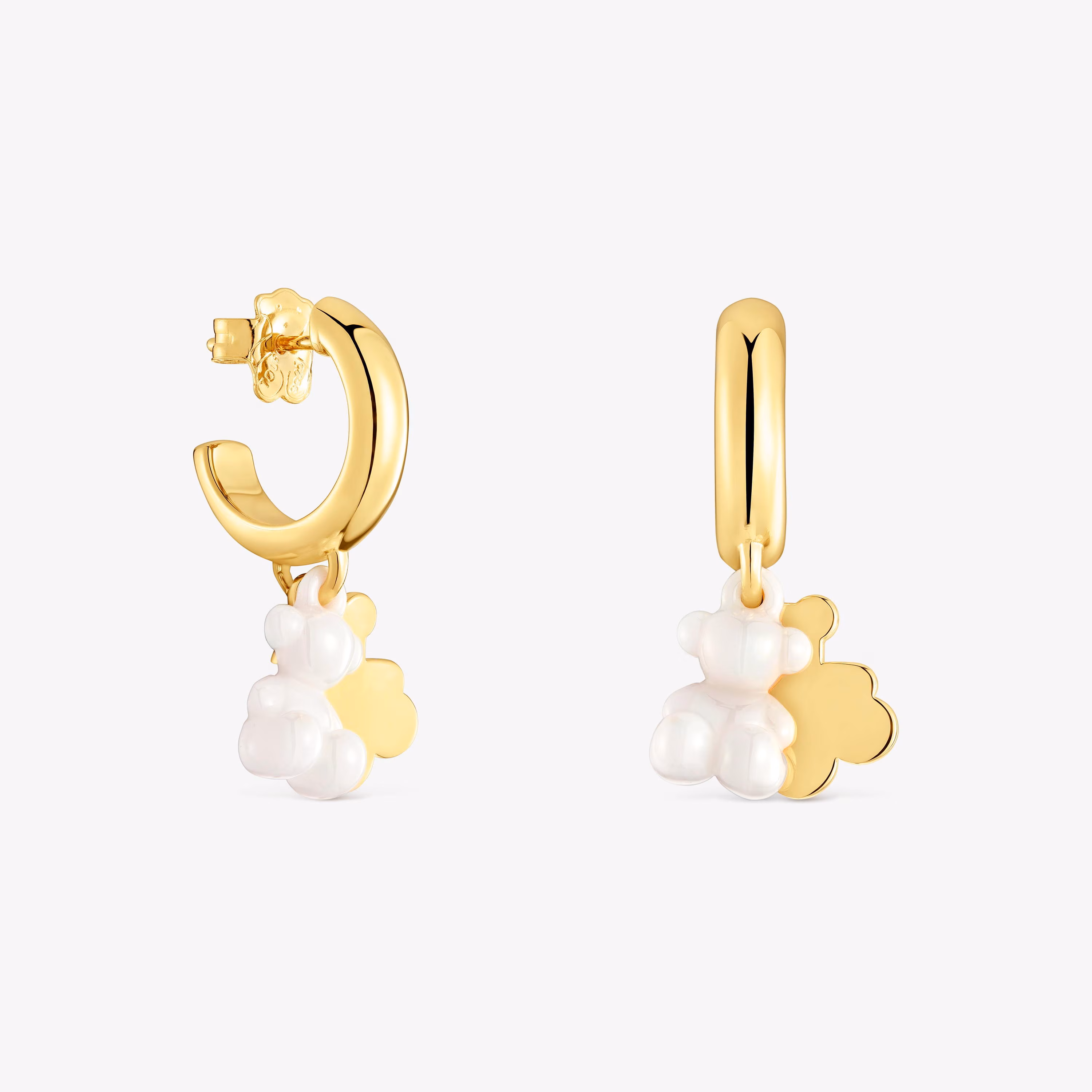 Pendientes de aro con baño de oro 18 kt sobre plata, cerámica blanca y doble oso Bold Bear