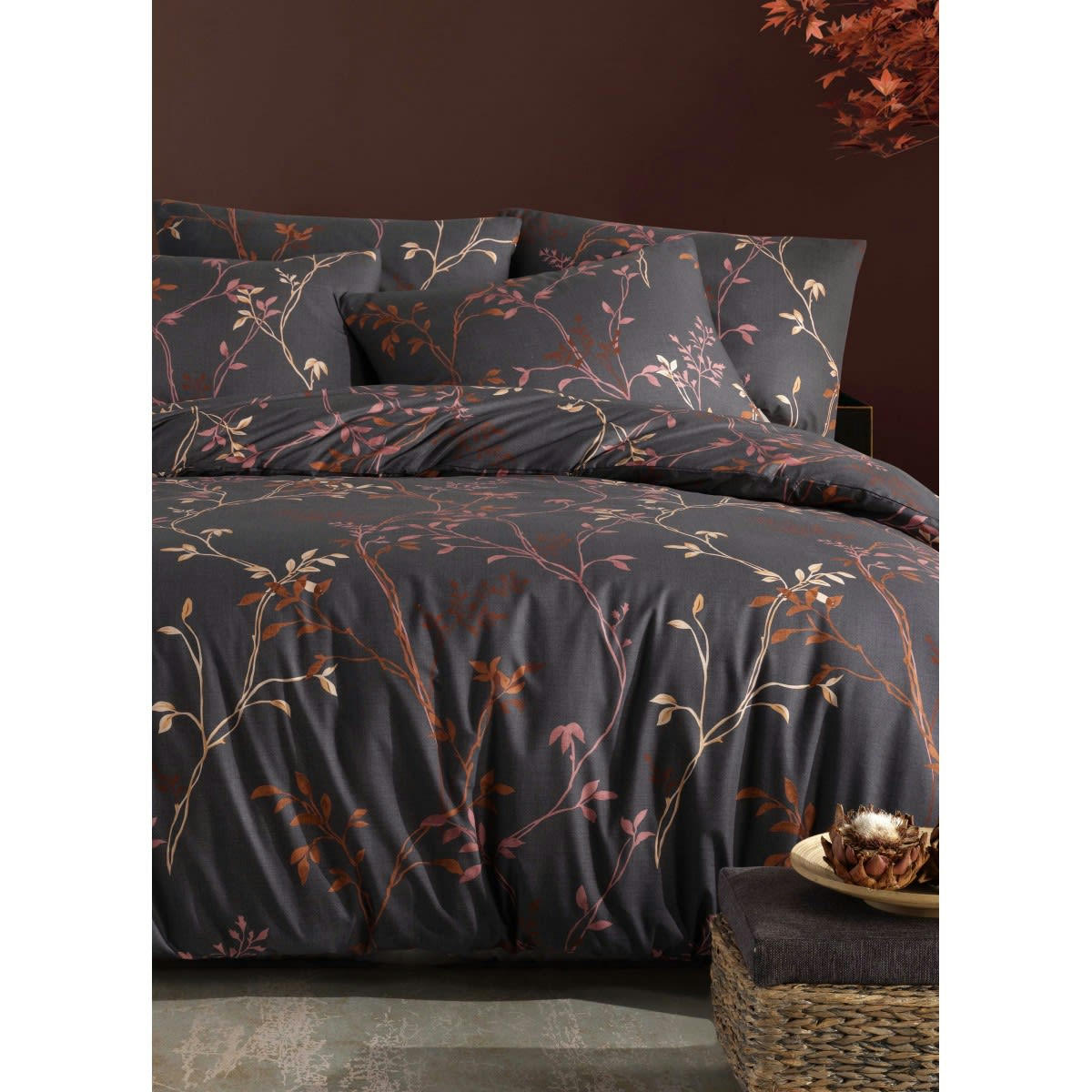 FIONA MARRON - Parure housse de couette 200x200 cm et 2 taies d'oreiller 65x65 cm