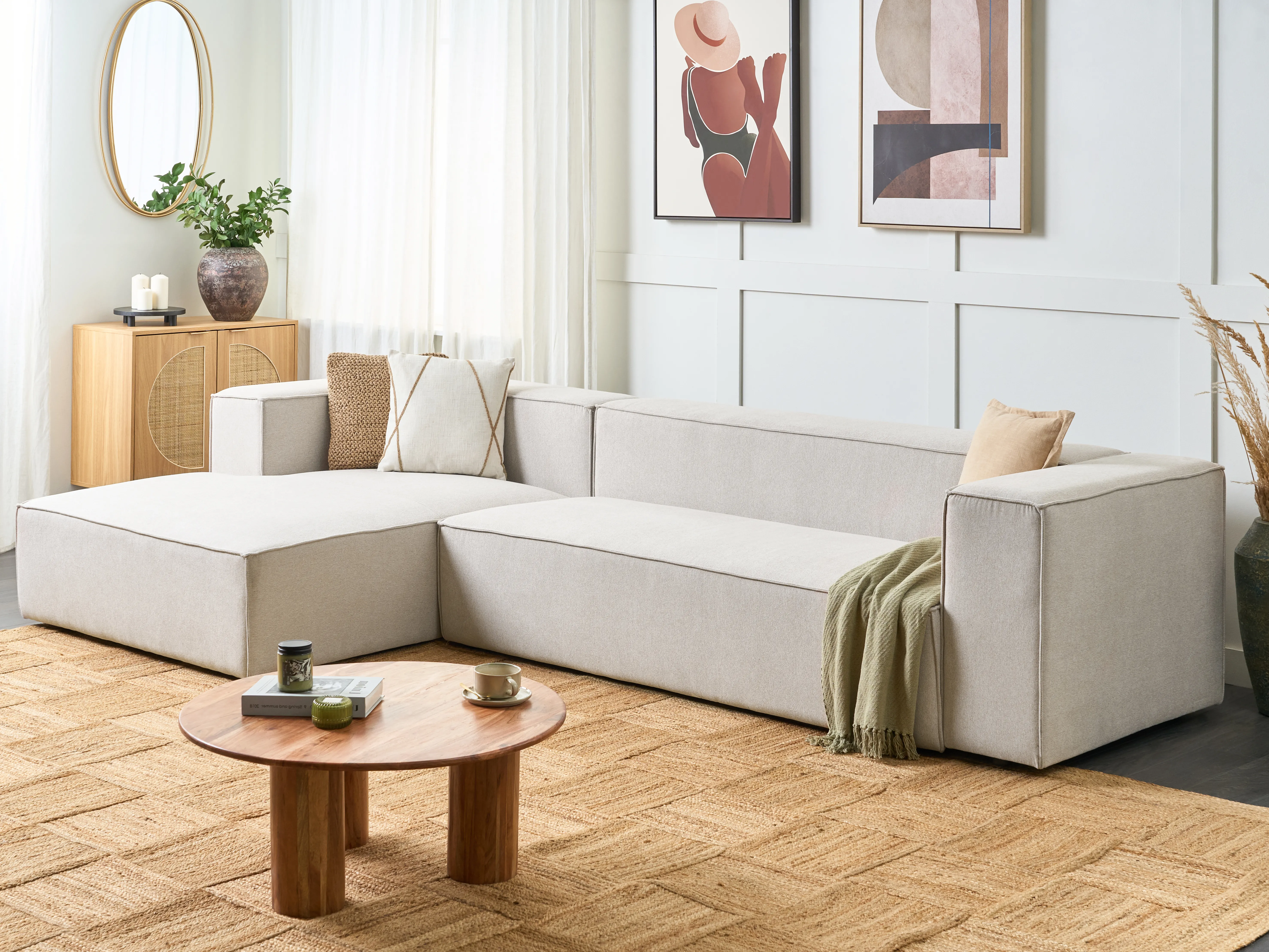 Corner Sofa 3 Seater VERNON Fabric Light Beige Right Hand