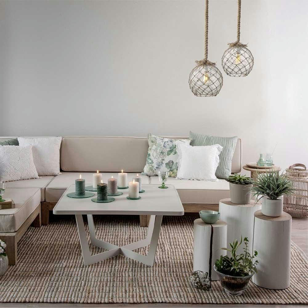 DIVA - Suspension rustique avec corde et abat-jour en verre transparent