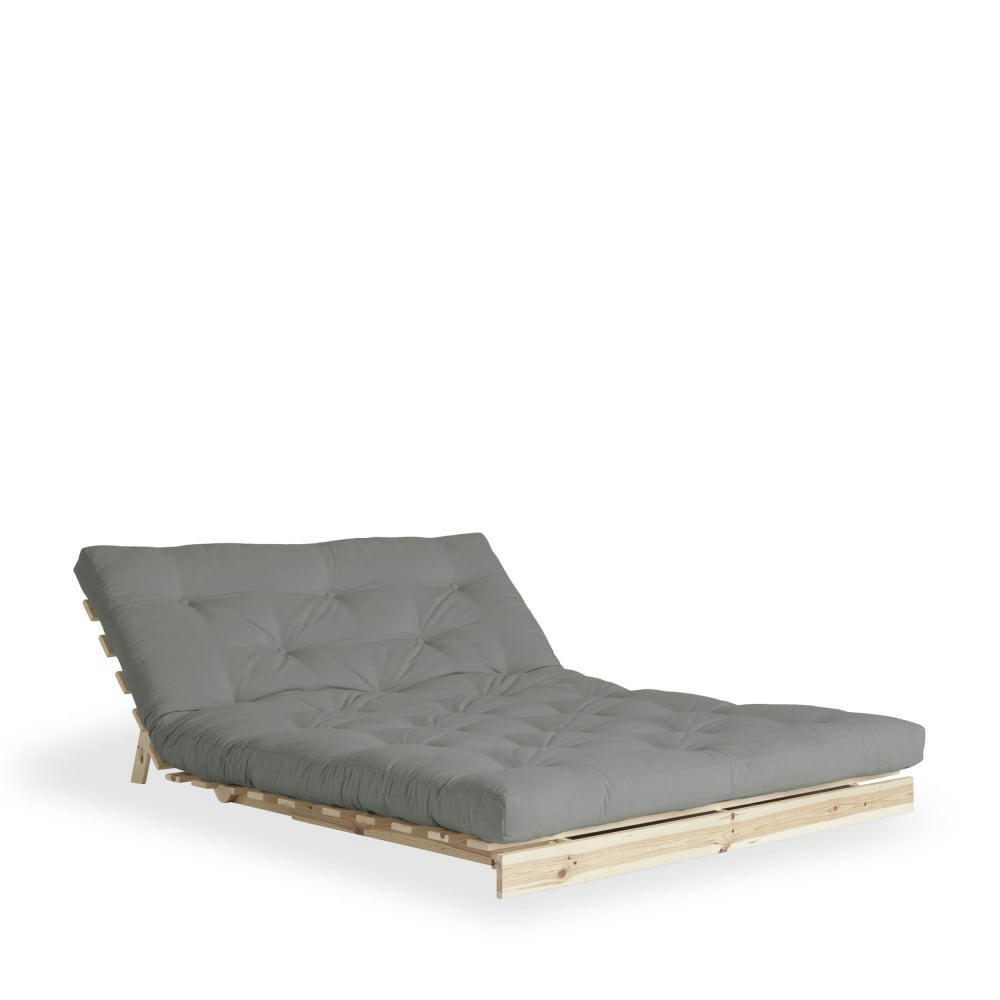 ROOTS - Canapé convertible en bois naturel et tissu gris 2 places