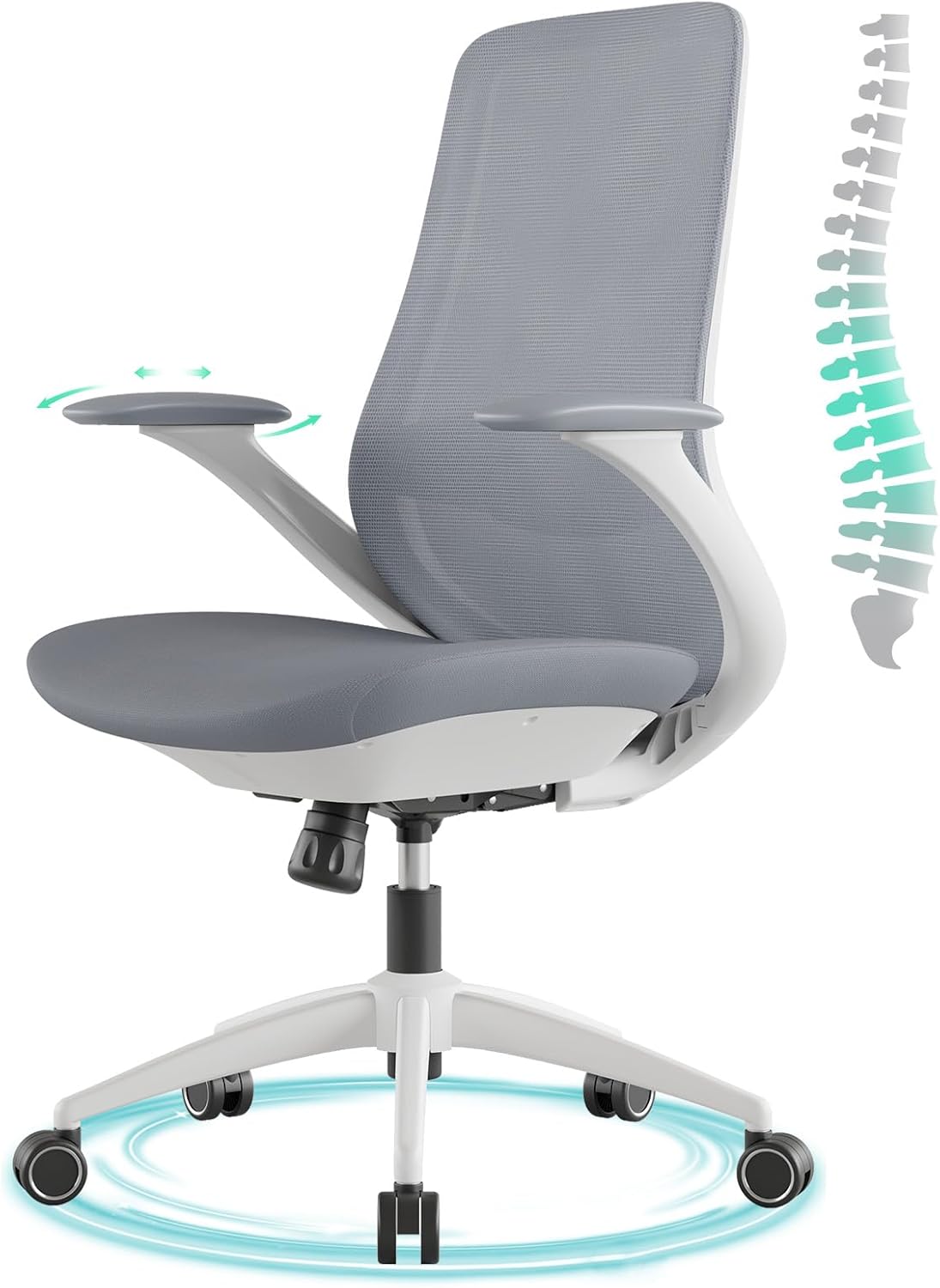 Ergonomic Office Chair, High Back Mesh Desk Chair with Lumbar Support, 360° Swivel & Slide-Adjustable Arms, Tilt Lock and Recline, Breathable Task Chair for Home Office & Gaming (Grey)