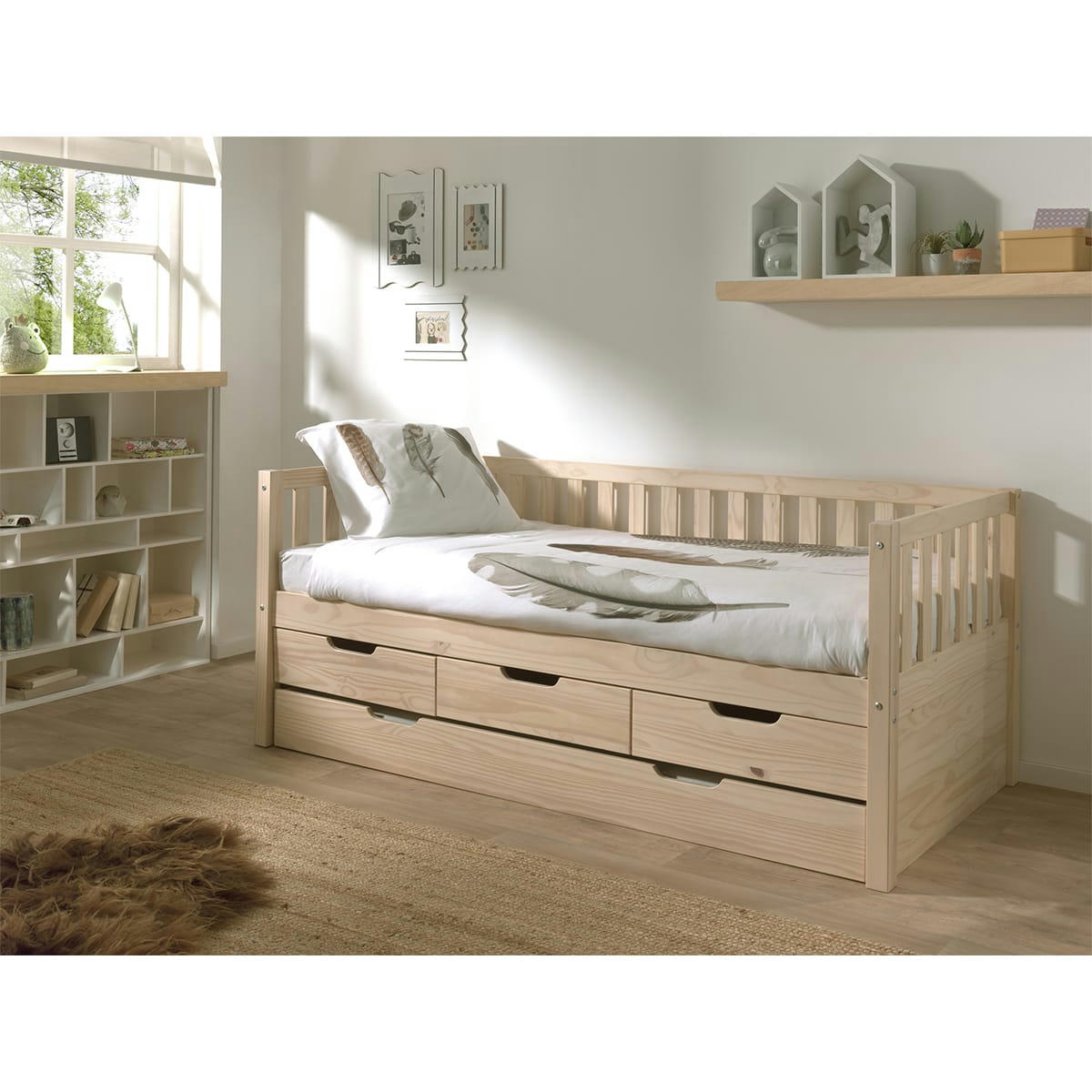 FRITZ - Lit banquette 90x200 sommier 3 tiroirs inclus naturel