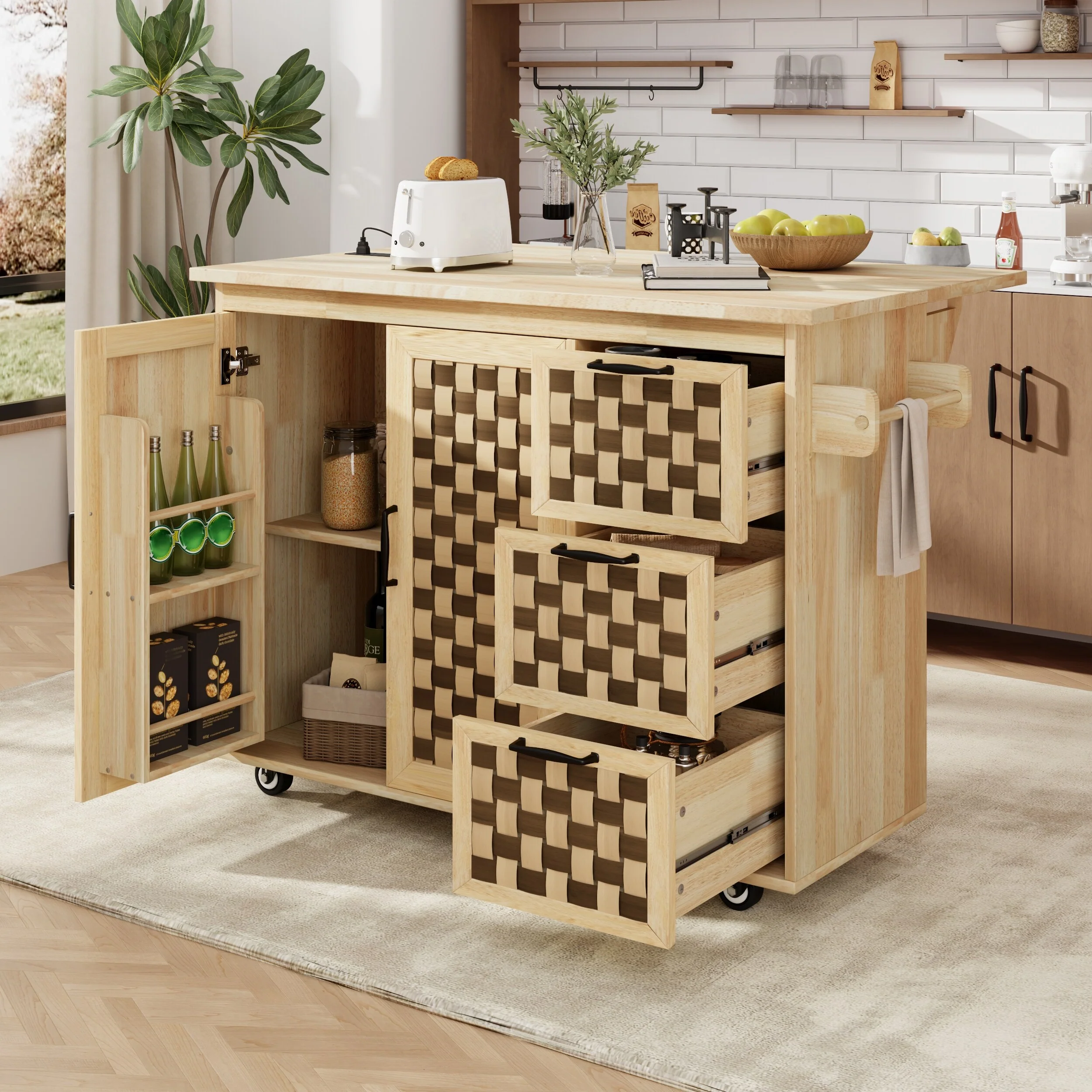 Woven Checkerboard Pattern Kitchen Island with Drop Leaf, Internal Storage Rack, 2 Cabinets & Power Outlet, Movable Kitchen Cart