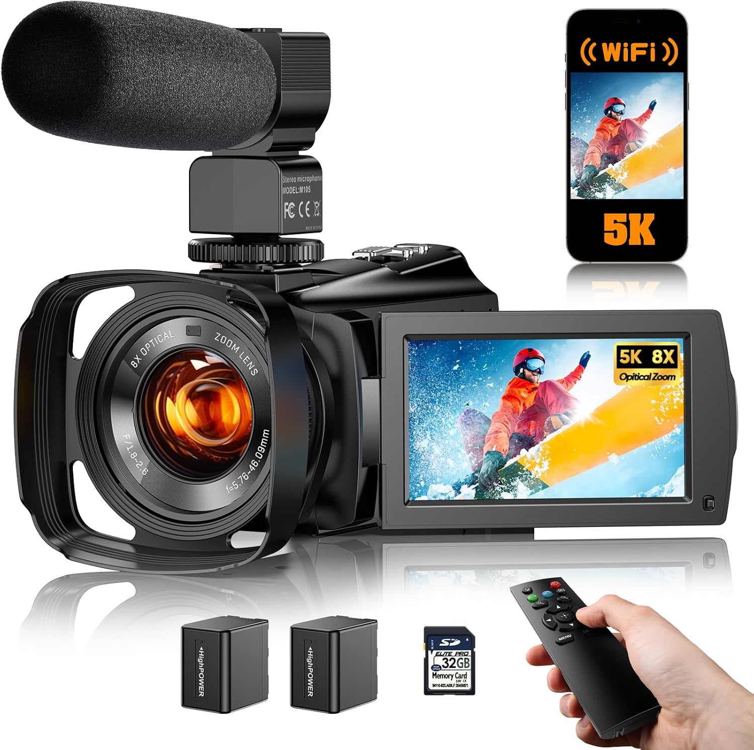 5K Video Camera Camcorder 8X Opitical Zoom Live Streaming Cameras 64MP WiFi Autofocus Vlogging Camera for Youtube with Full-color Night Vision  3.6'' 270° IPS Touchscreen 32GB Card Video Recorder