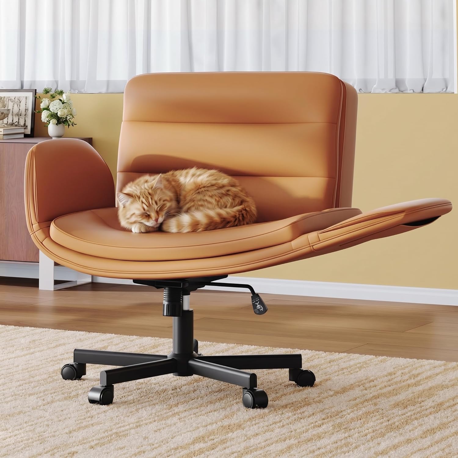 Criss Cross Chair with Flip-Up Arms & Swivel Wheels, Vanity Chair with Adjustable Height & Side Pockets, Comfortable Wide Seat Reclining Computer Office Desk Chairs for Home Office, Make Up, Bed Room