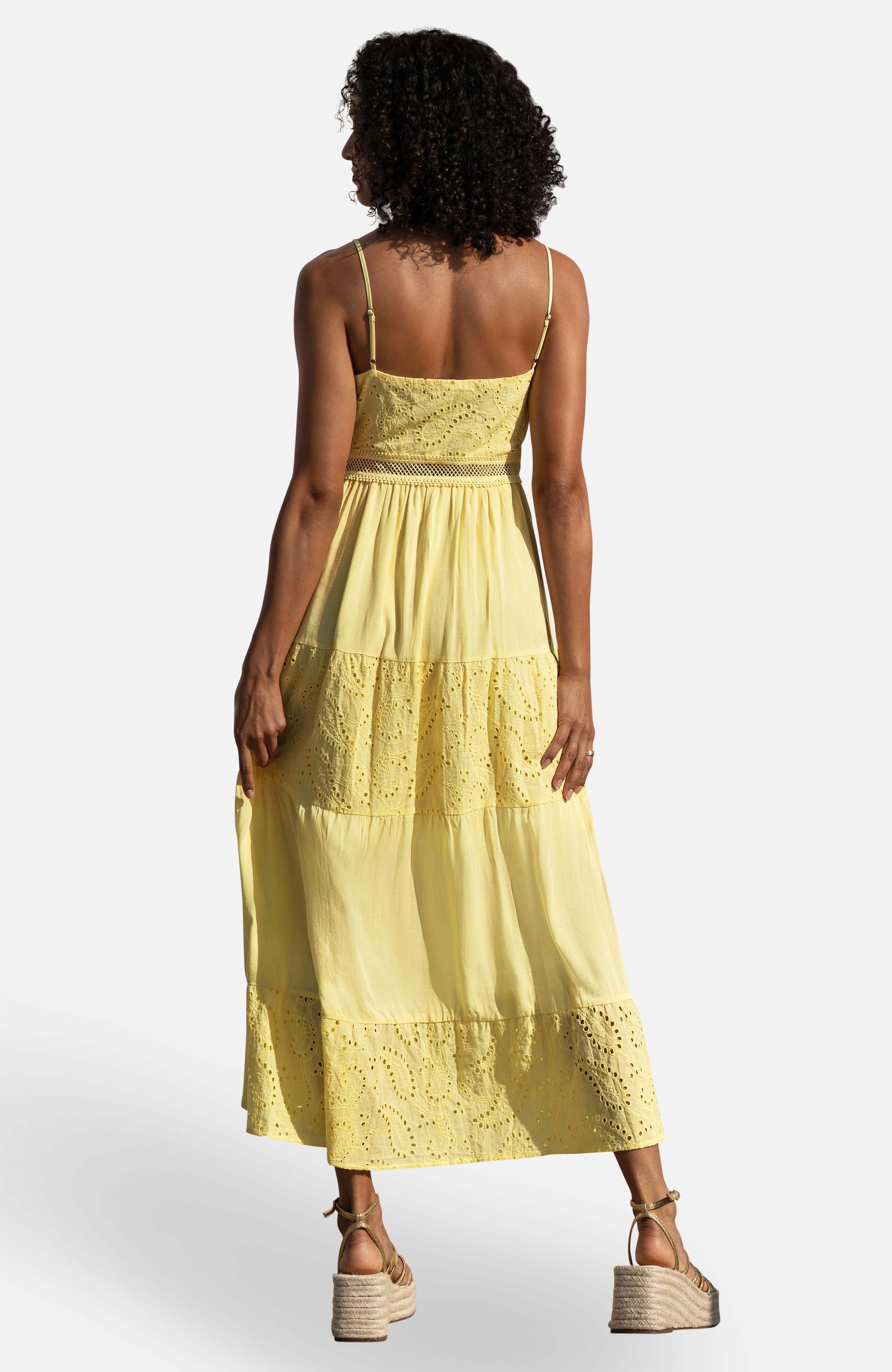 Yumi Butter Yellow Cotton Lace Trim Midi Dress