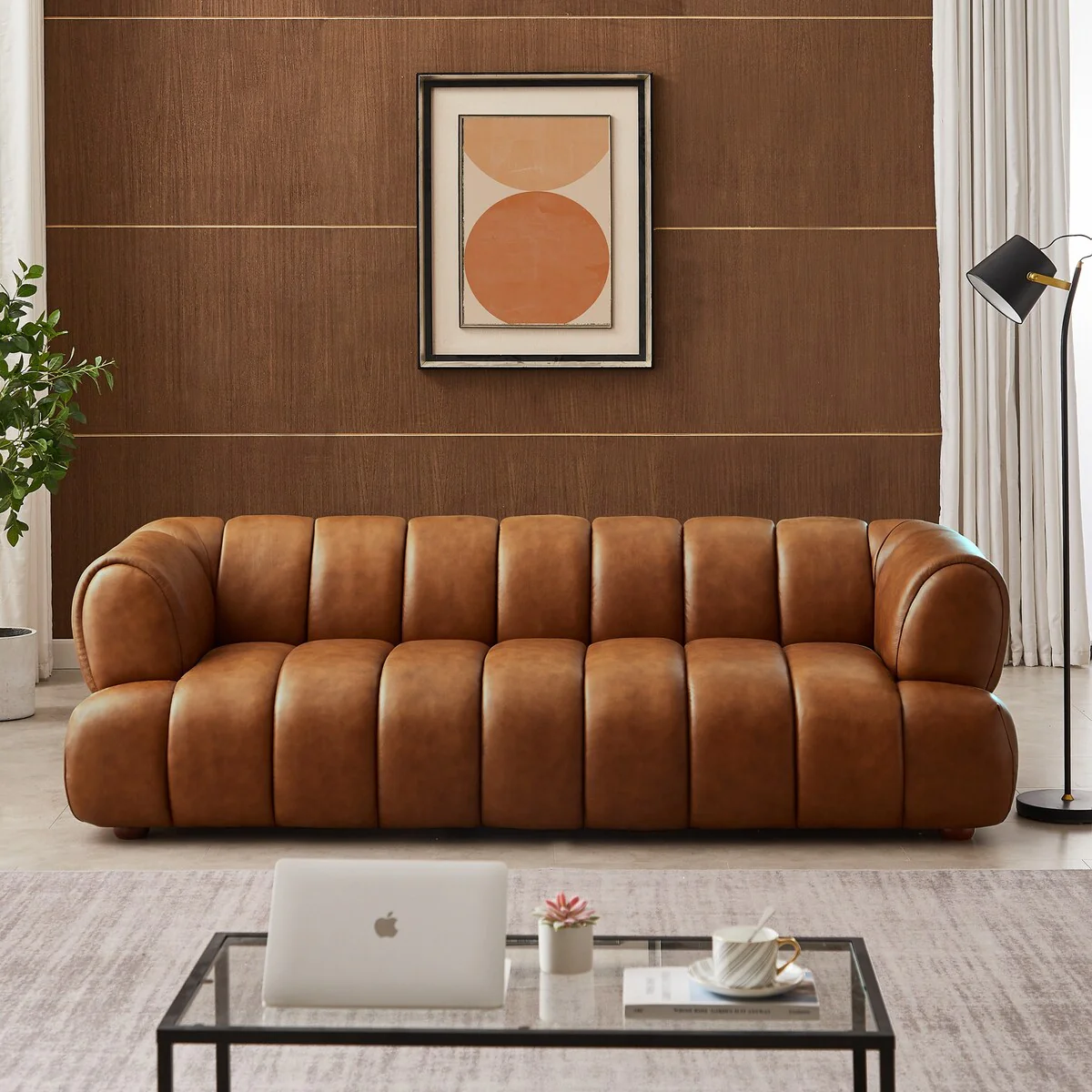Rovan Mid-Century Modern Luxury Couch in Cognac Leather