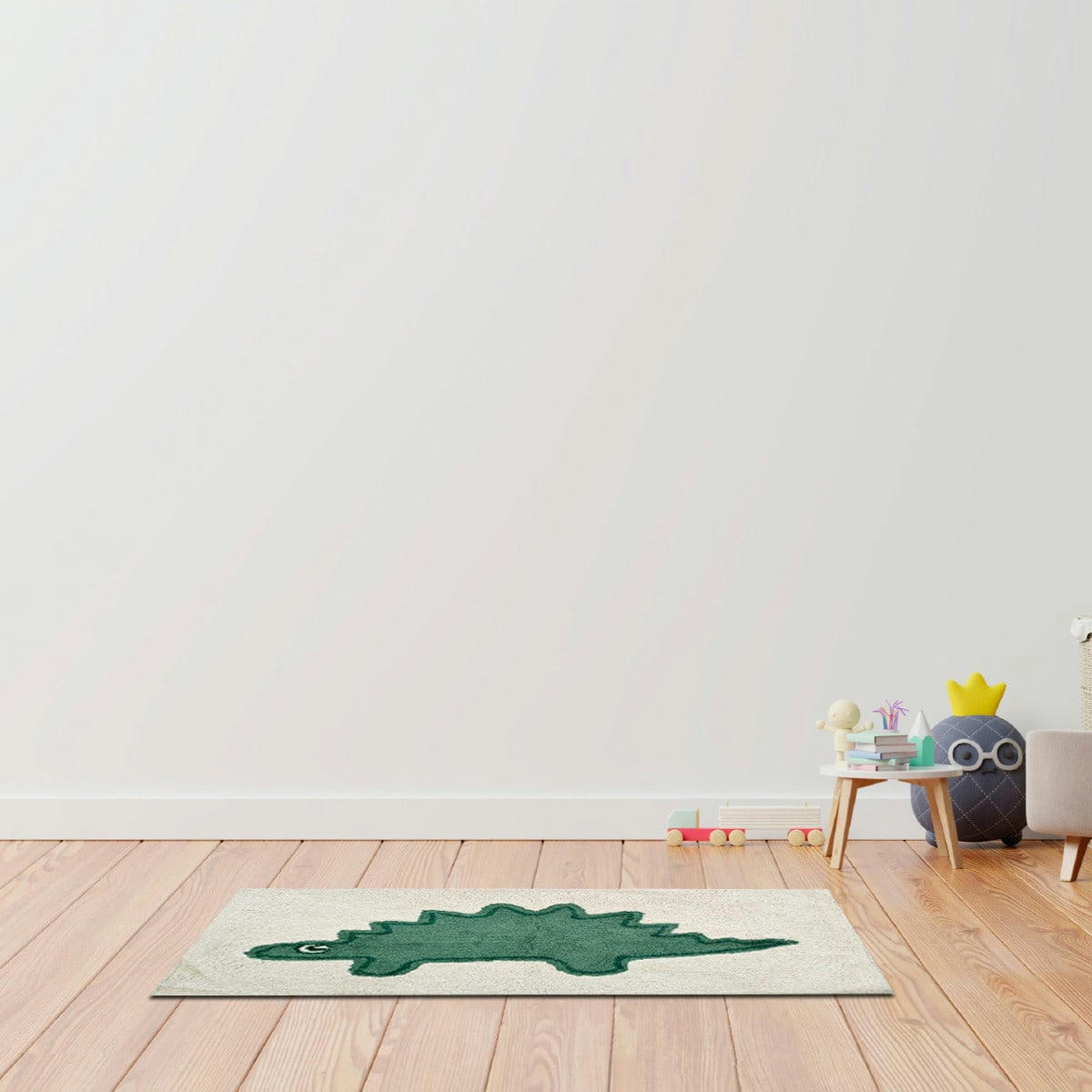 DINO - Tapis enfant coton tufté blanc et vert 60x90cm