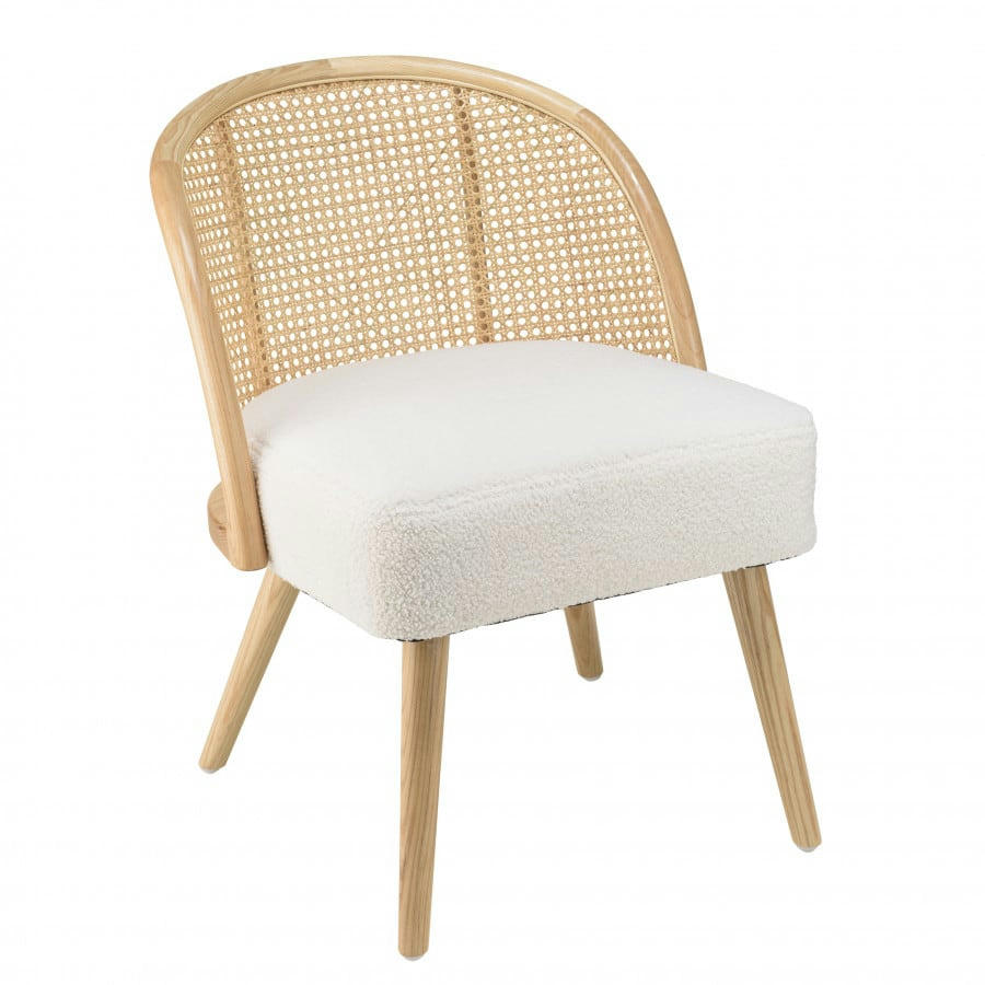 ALBANE - Chaise basse Hévéa assise tissu bouclette blanc dossier rotin