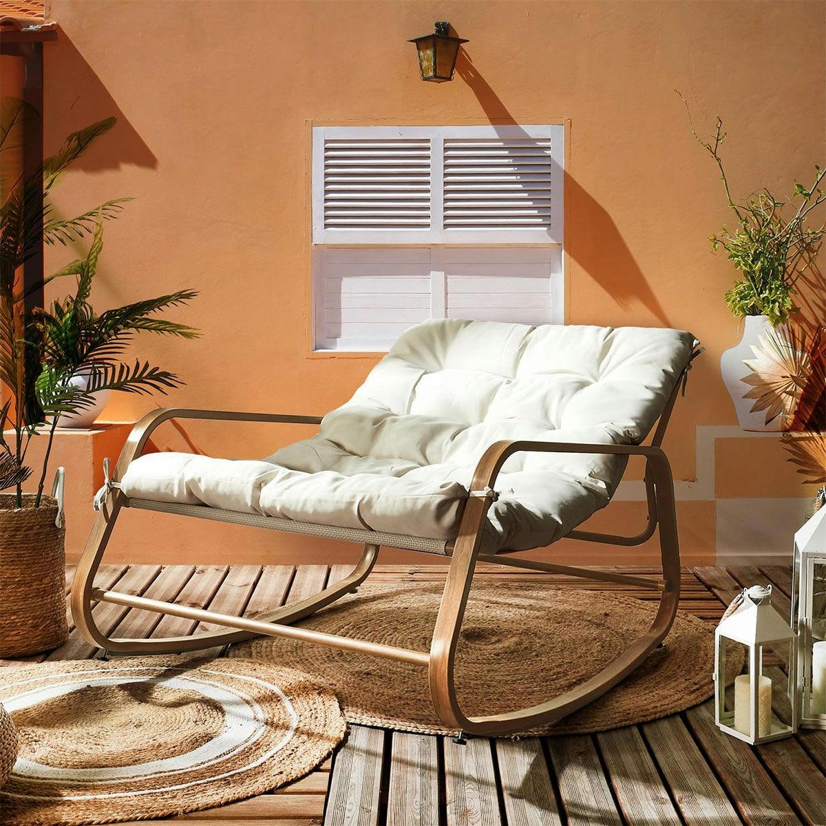 VIDIA - Fauteuil  à bascule effet bois avec coussin capitonné