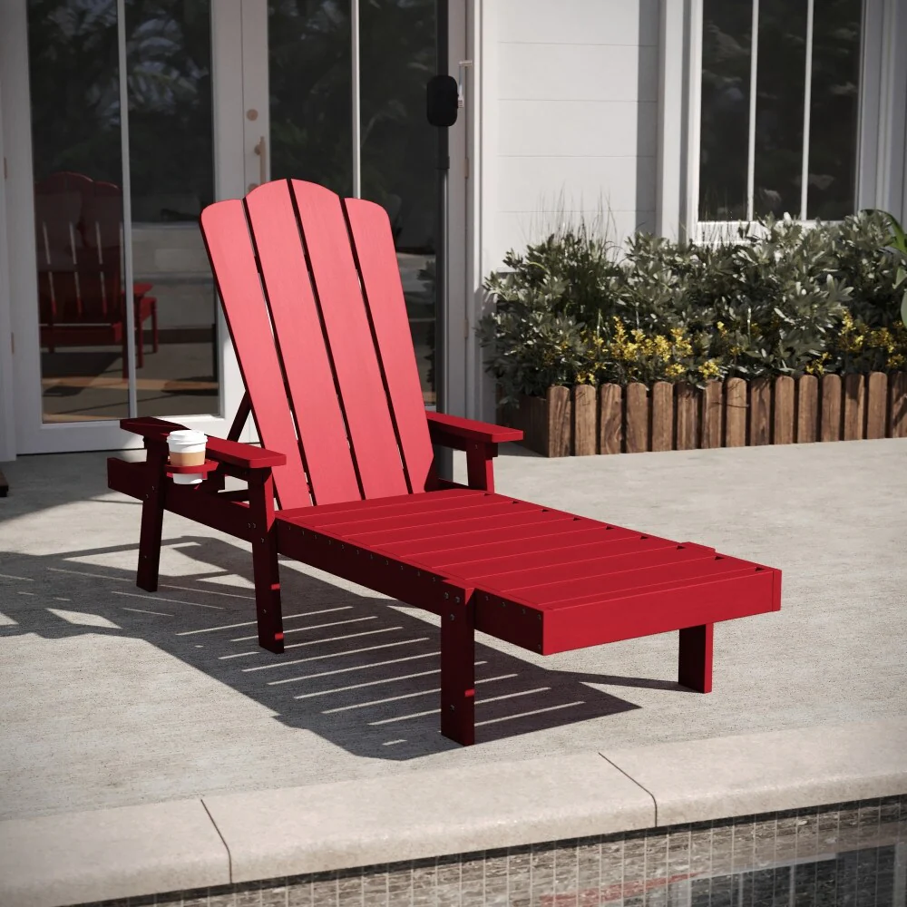 All-Weather Commercial Adjustable Lounge Chair with Fold Out Cupholder