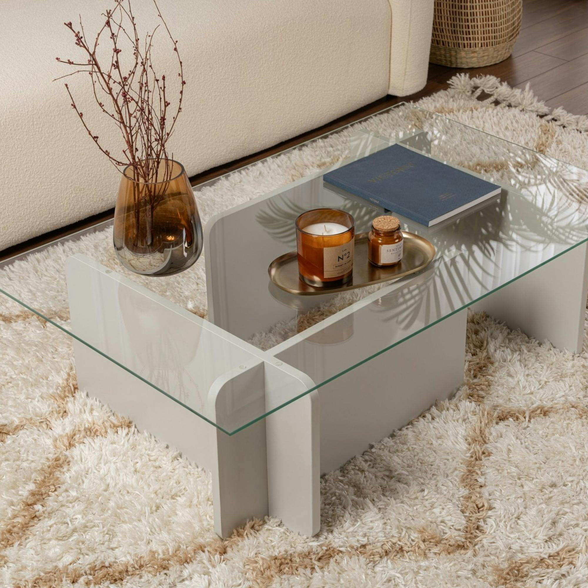 Table basse verre déstructurée – base gris clair SALTA
