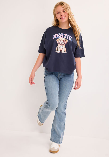 Older Girls Blue Bestie Dog Curve Hem T-Shirt