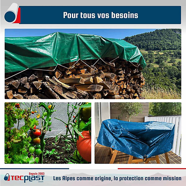 Pack 8 Bâches de Jardin imperméables TECPLAST - 2x3m (x2)   3x5m (x2) HQ250JD / 3x4m (x2) TR170JD / 4x5m (x2) SR150JD - PT3JD