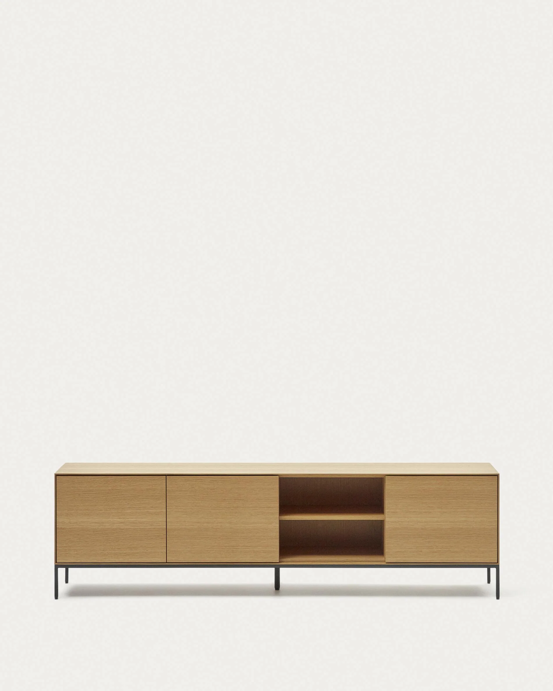 Vedrana 3-door TV stand in oak veneer with black steel legs, 195 x 55 cm