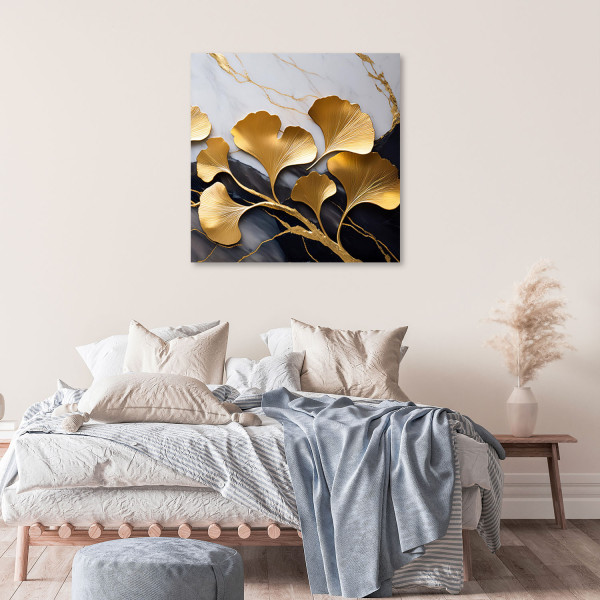 Feeby Obraz na płótnie, Kwiaty Ginko Botanika Marmur Szaro Złoty 30x30