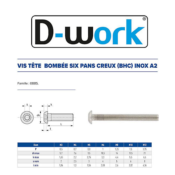 200 Vis Métaux Tête Bombée 6 Pans Creux BHC 5 x 20 mm - 7380-1 - Inox A2 - D-Work