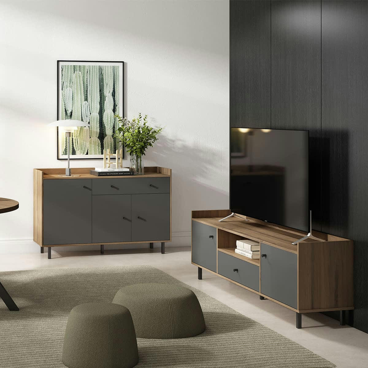 AURELIA - Meuble TV 2 portes 1 tiroir gris anthracite et effet bois 180 cm