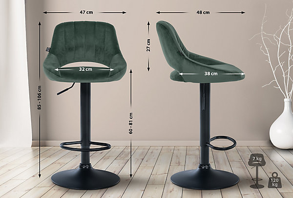 Lot de 2 tabourets de bar Milet, recouverts de velours, chaise pivotante avec dossier, repose-pieds Métalnoirmat/Vert