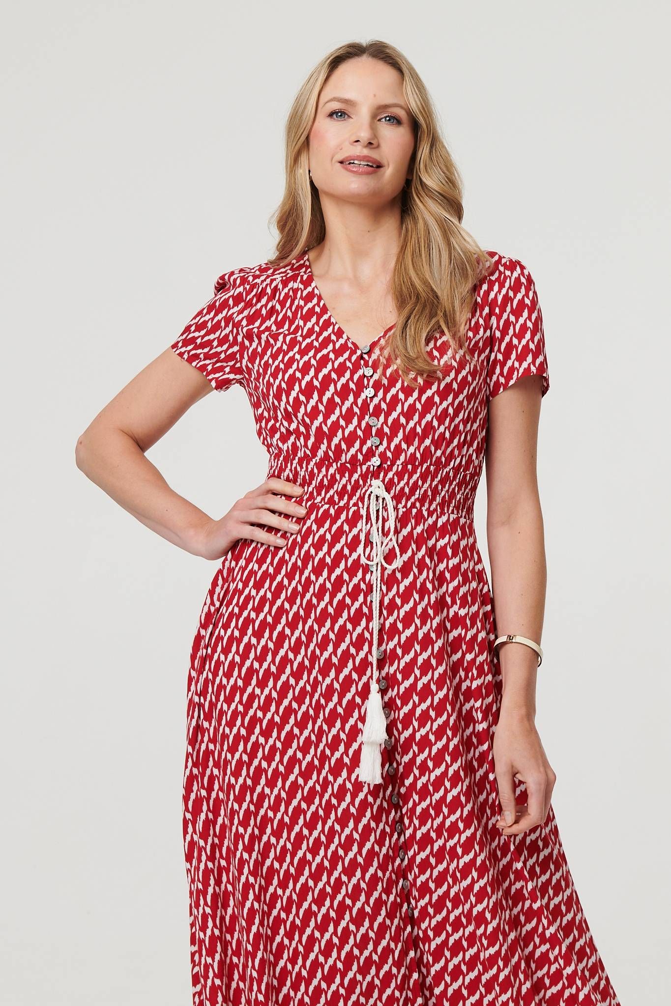 Izabel London Printed Smocked Tie Waist Maxi Dress