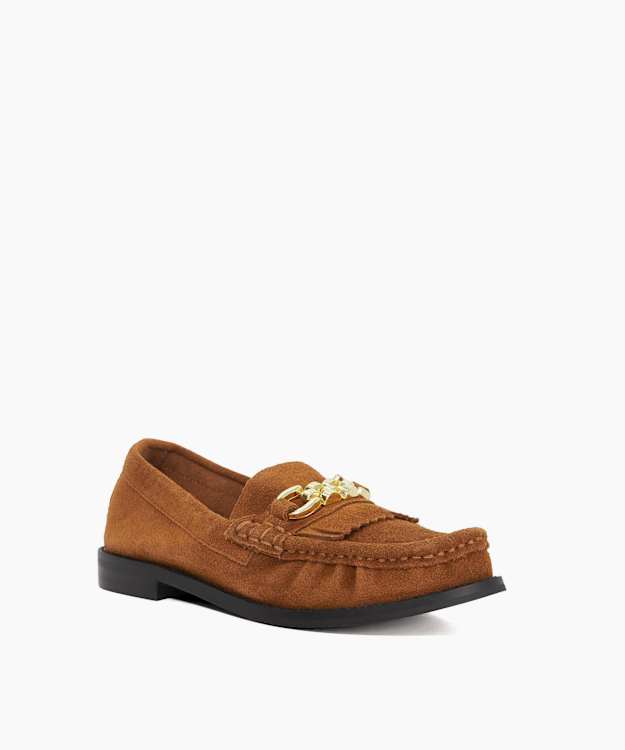 Granules Dark Tan - Suede Gold Chain Trim Fringed Loafer
