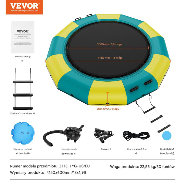 Dmuchana trampolina wodna   pompka elektryczna 415 cm