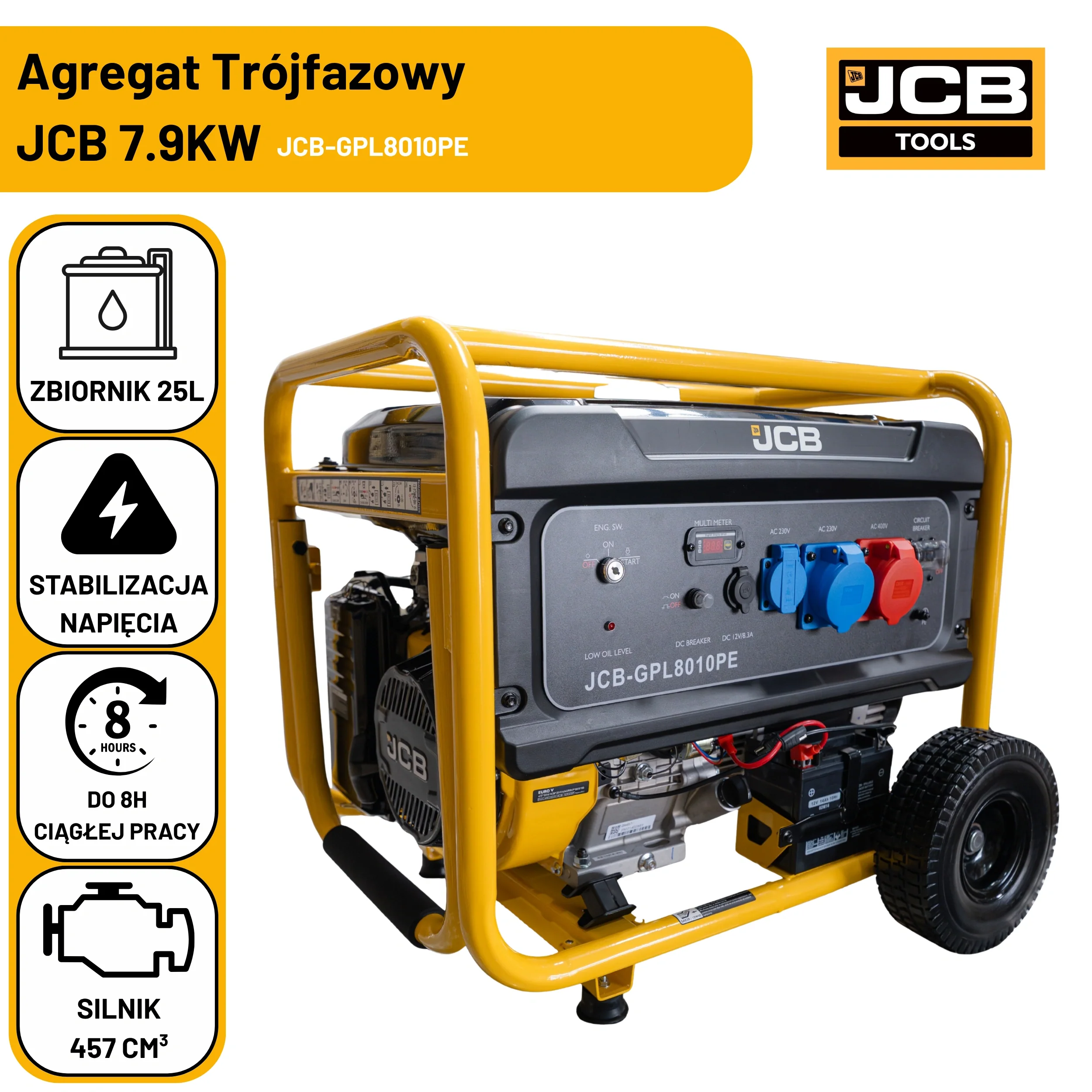 Agregat Prądotwórczy Spalinowy JCB 7.9KW - 3 Fazowy Generator Prądu (AVR, rozruch elektryczny)