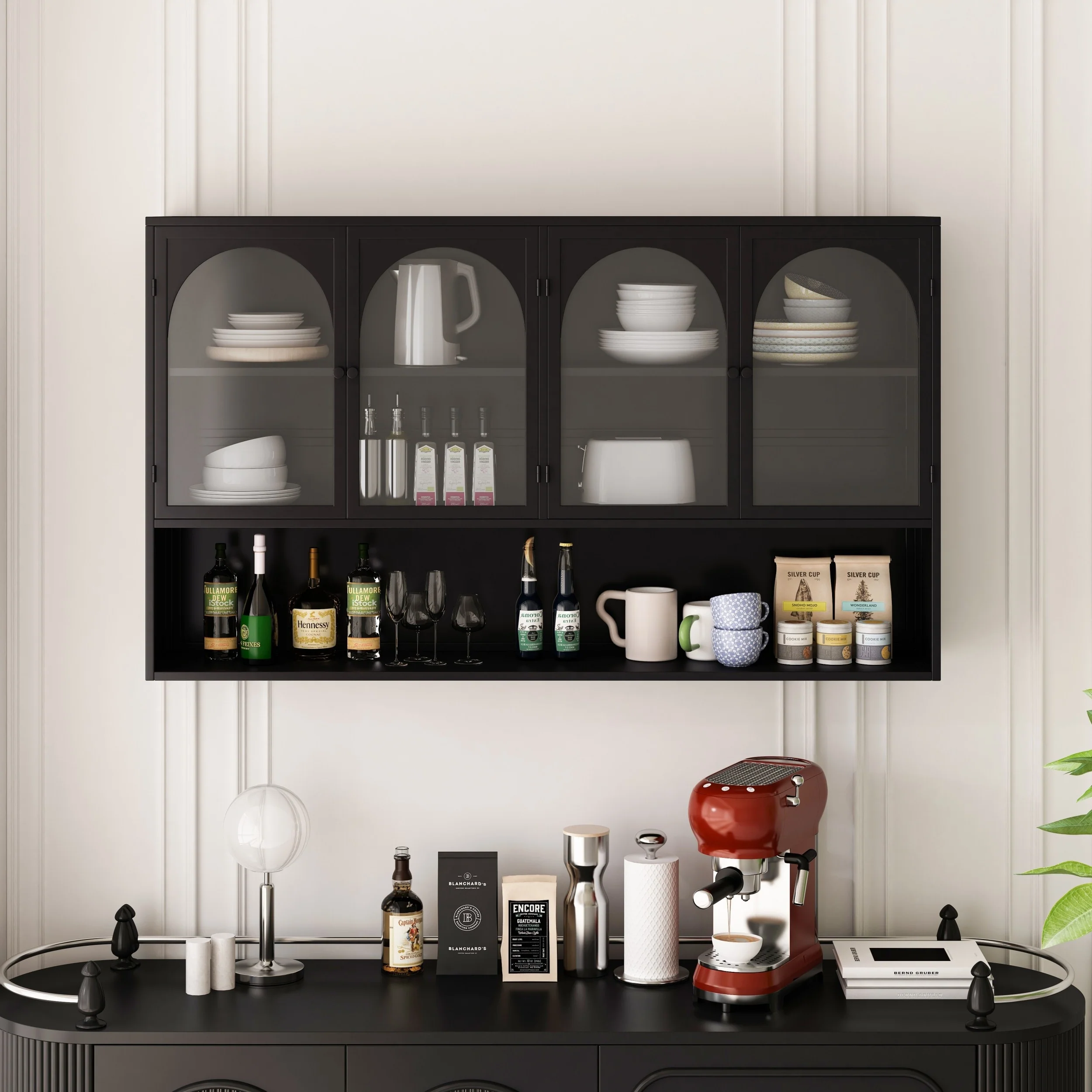 Wall mounted four door glass storage cabinet for bathroom
