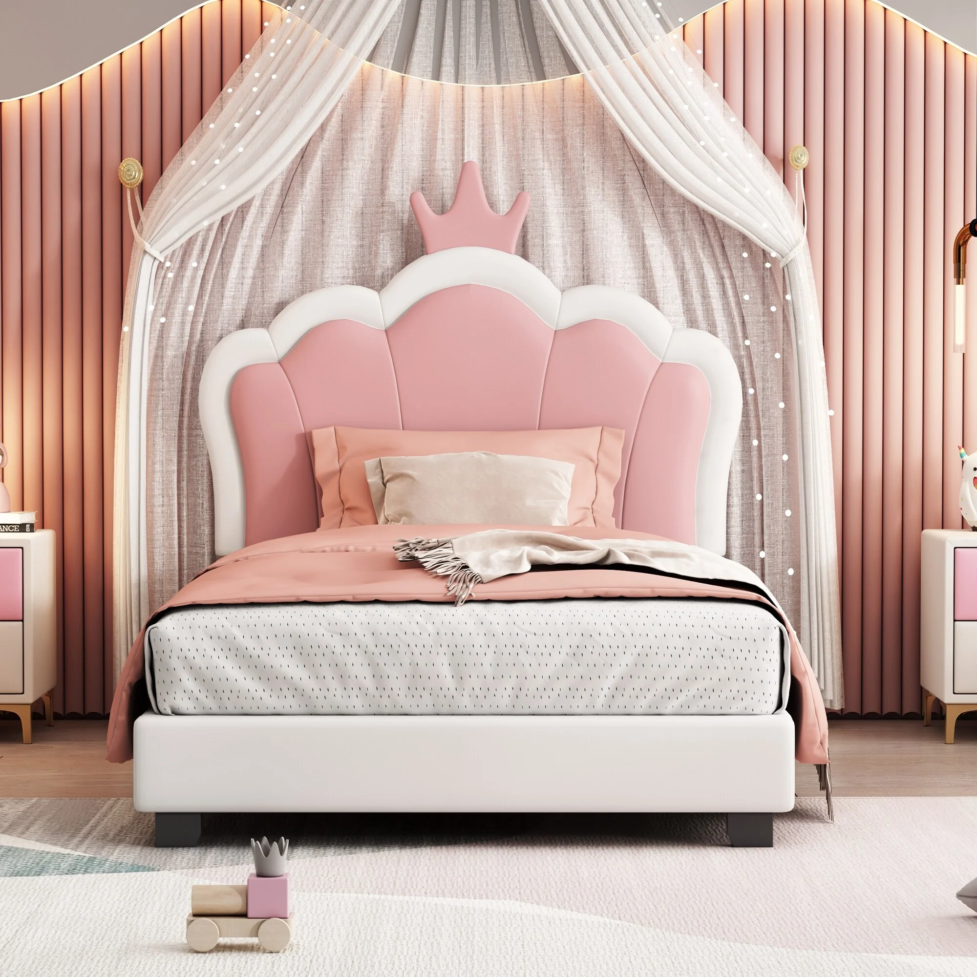 Twin Upholstered Platform Bed with Crown-Shaped Headboard, Pink & White Princess Design, Sturdy PU Leather Frame