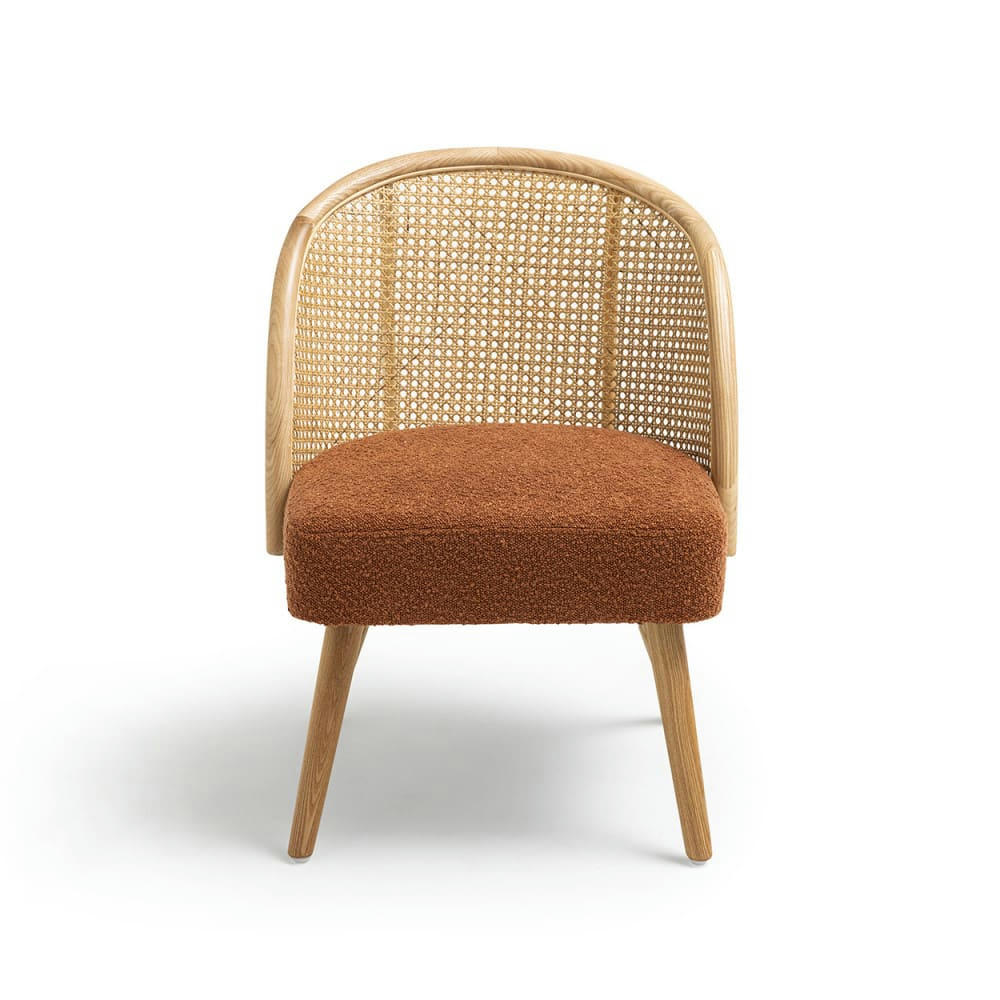 CANDICE - Fauteuil en tissu bouclette et rotin rouille