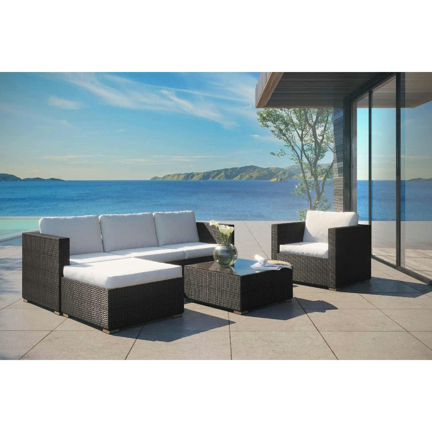 NEVALA - Salon de jardin 6 places en résine tressée noir et blanc