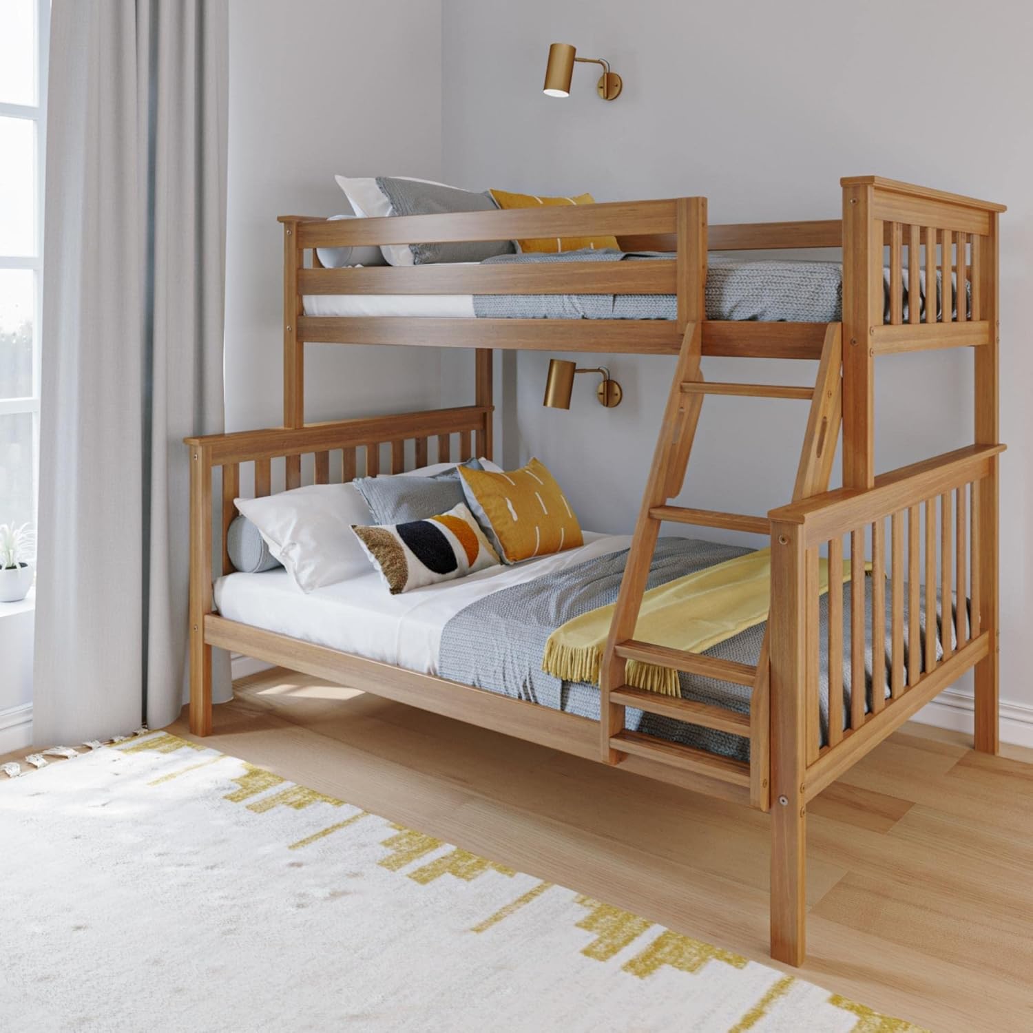 Max & Lily Bunk Bed Twin Over Full Size with Ladder, Solid Wood Platform Bed Frame with Ladder for Kids, 14 Safety Guardrails, Easy Assembly, No Box Spring Needed, Pecan