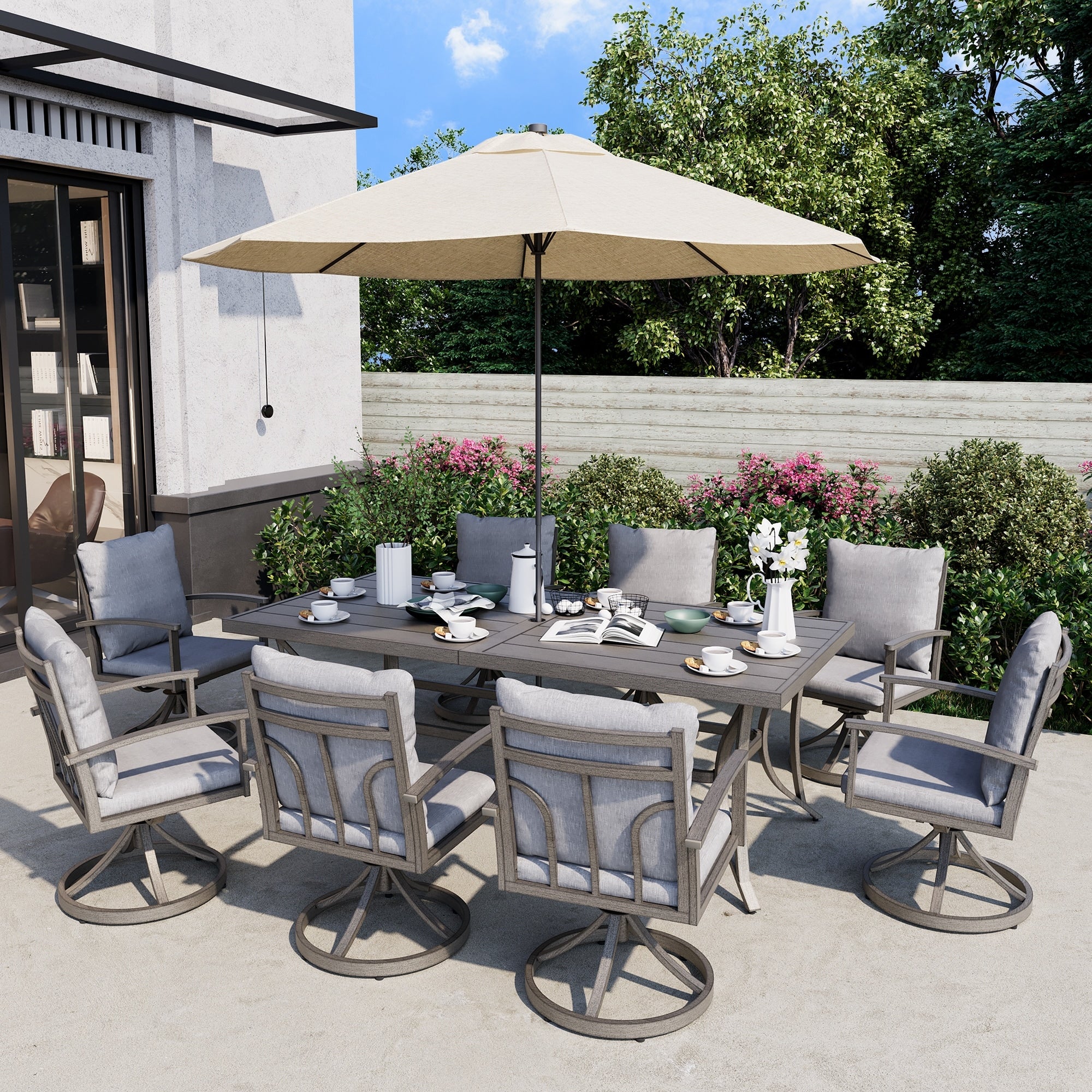 9-Piece Aluminum Patio Dining Set with 8 Swivel Dining Chairs and Washable Cushions