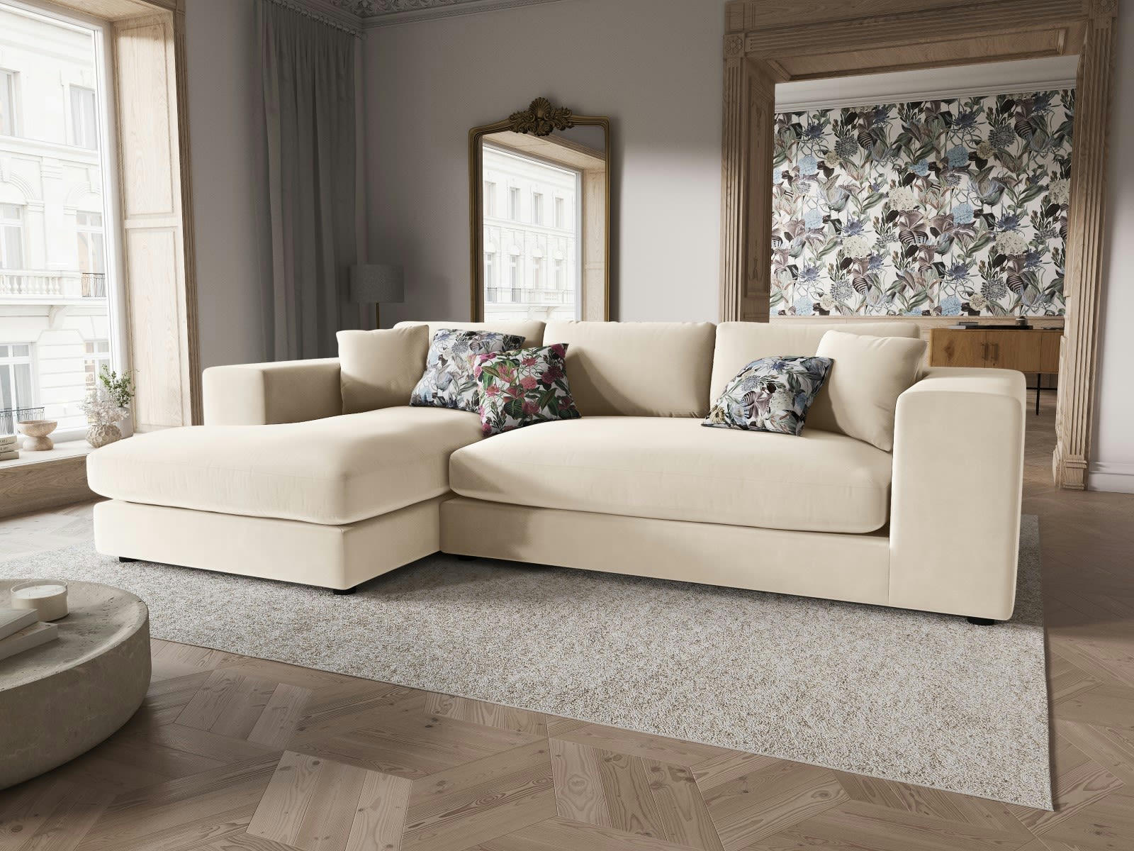 TENDANCE - Canapé D'Angle Gauche 5 places en Velours Beige