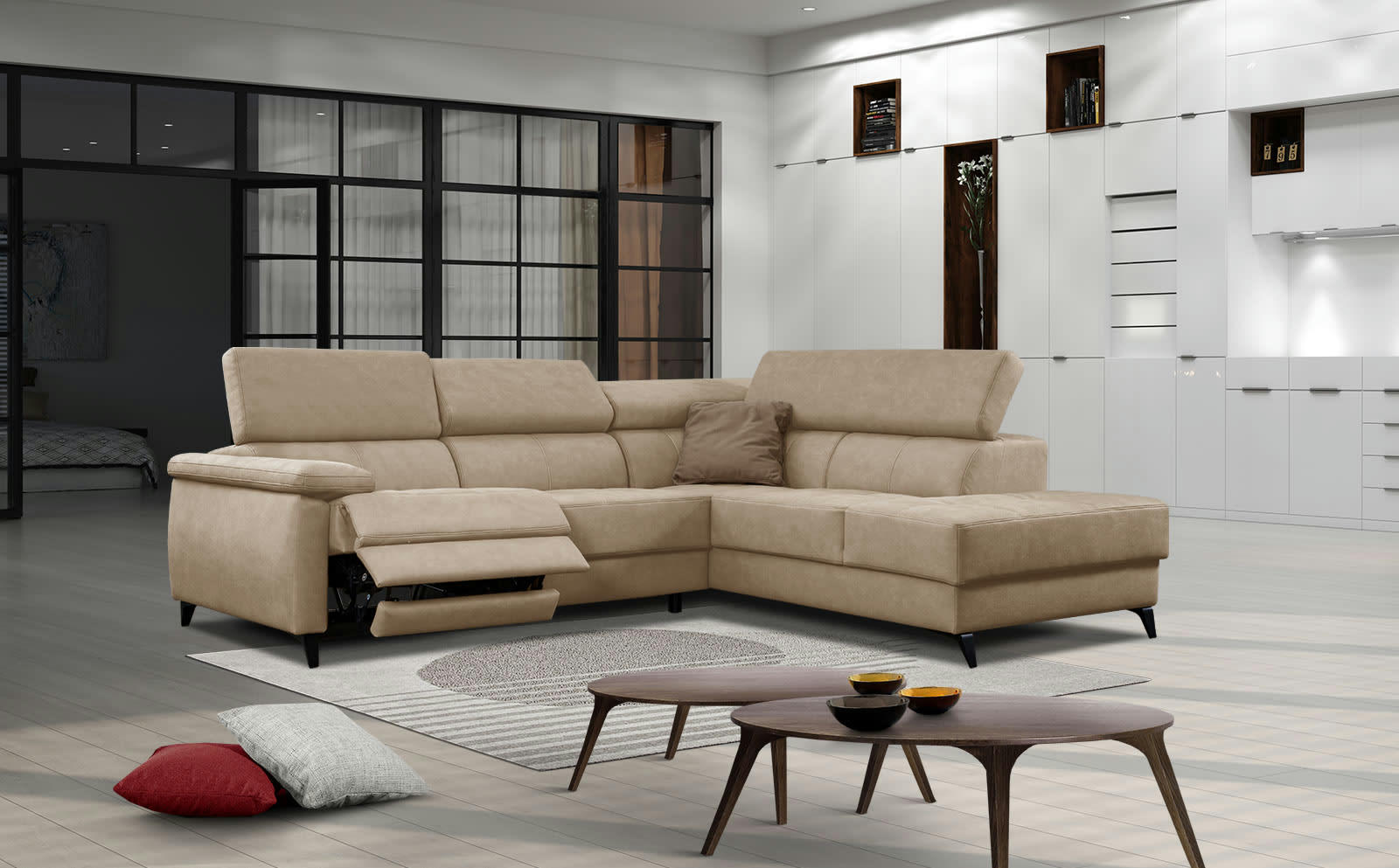 TAUNUS - Le canapé d'angle droit 5 places beige avec une relaxation