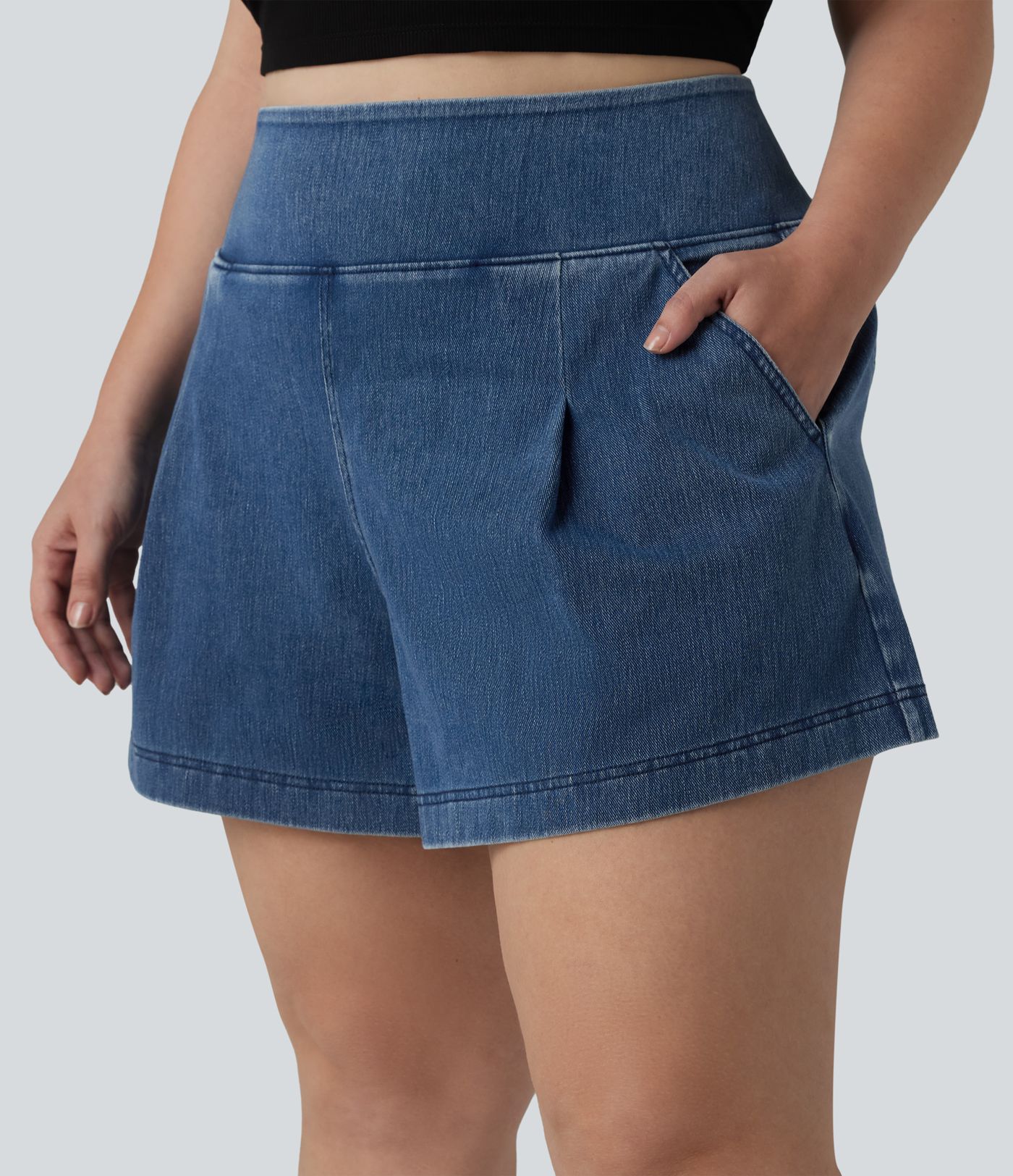 Short en jean taille haute Halara Flex™ ample et décontracté, grande taille, 10 cm avec poches
