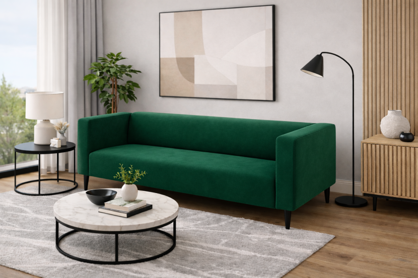 Nowoczesna wygodna sofa trzyosobowa tapicerowana CALMO welur manila 35