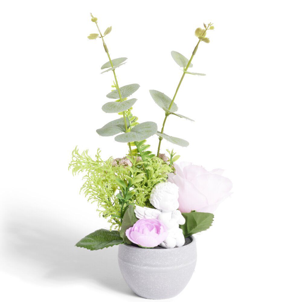 Composition funéraire ange avec rose/eucalyptus rose Ø16xH28cm