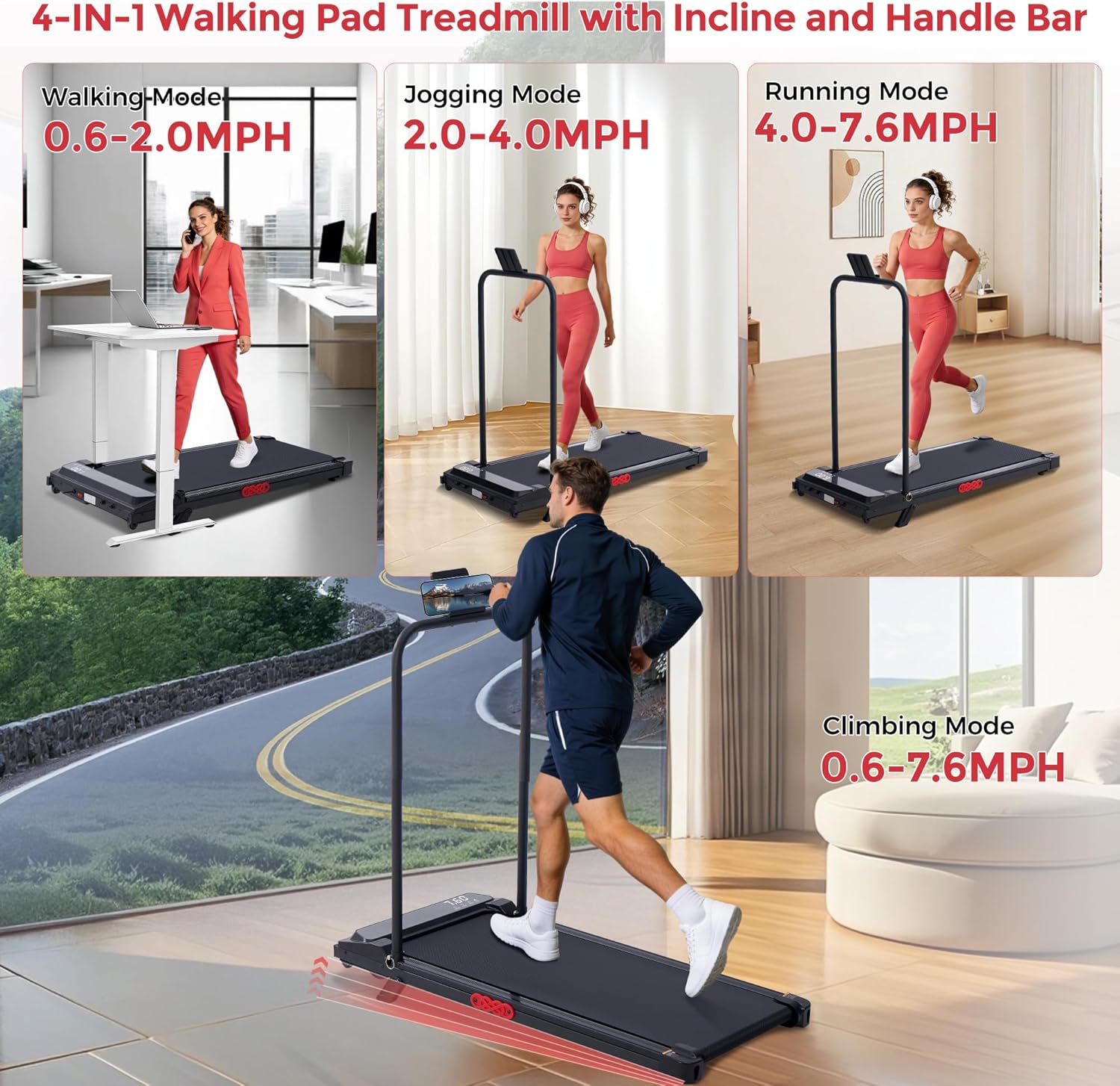 MCRG Walking Pad Treadmill with Incline, 2026 Upgrade Portable Walking pad Treadmill with Handle Bar, 0.6-7.6MPH Small Treadmills Walking Pad for Home Small, 3.5HP, 350LBS