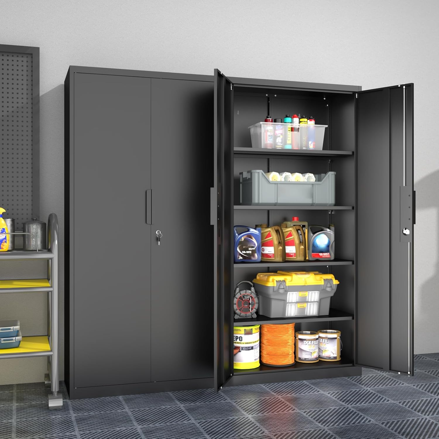 Metal Garage Storage Cabinet with Lock, 71 Tall Steel Storage Locker with 4 Adjustable Shelves, Heavy Duty Metal Cabinet for Garage, Office, Home, 31.5”W × 16.5”D, Black