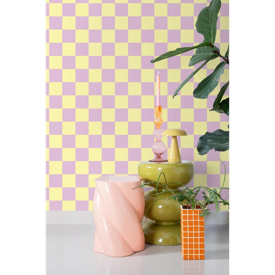 ESTAhome behang geblokt motief lila paars en geel - 53 cm x 10.05 m